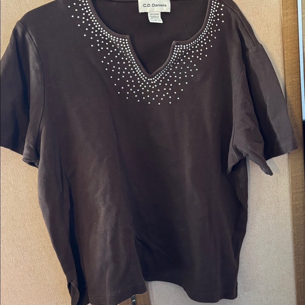 FINAL MARKDOWN C.D Daniels Women's Brown Top with Studded Neckline 1X